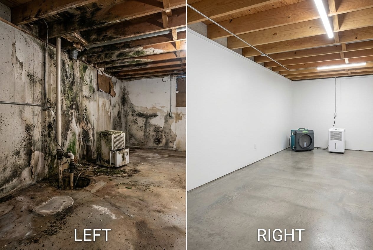 Mold Inspection & Moisture Assessment before and after in residential basement, Alpine NJ