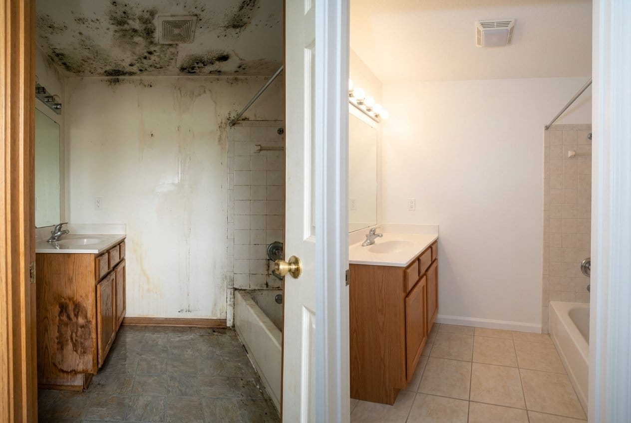 Before and after mold inspection & moisture assessment in Alpine split-level home bathroom
