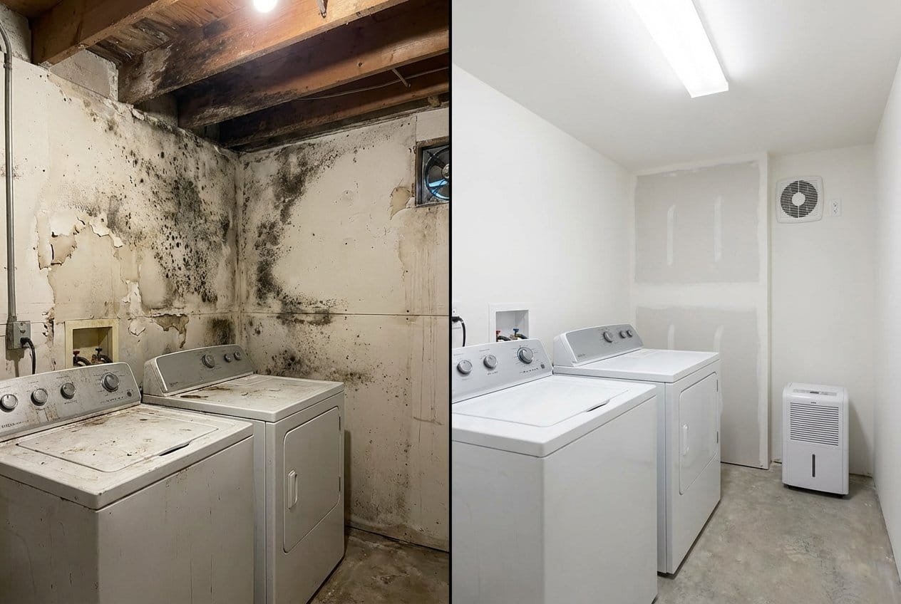 Black Mold Removal restoration ā laundry room of contemporary home in Alpine, NJ