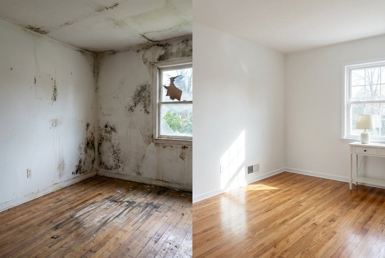 Bathroom & Kitchen Mold Removal before and after in living room, Alpine NJ