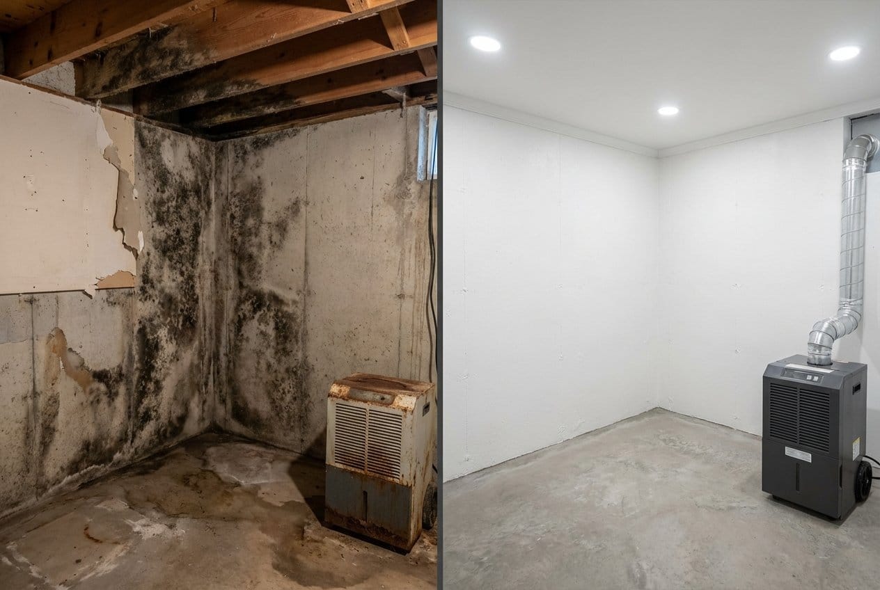 Alpine Mold Removal residential basement restoration before and after in Alpine